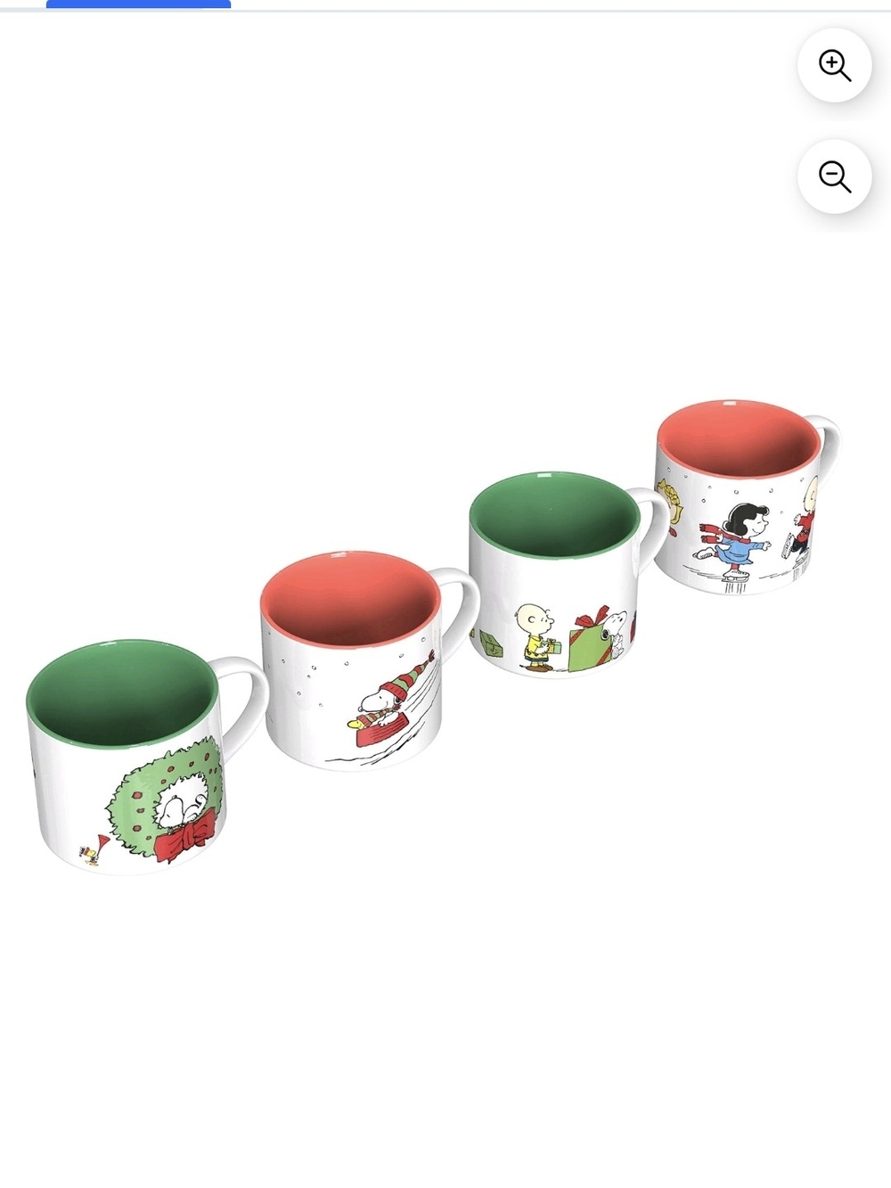 Peanuts Holiday Ceramic Coffee Mugs - Green & Red Interior (Set of 4)